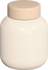 A sleek, pale cream-colored jar with a smooth, rounded body and a slightly glossy pink lid glimmers softly against a dark background.