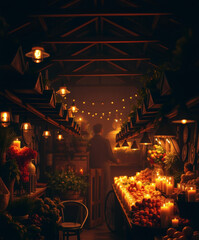 Enchanting night market glows with the warmth of candles and fresh produce during a magical evening in a bustling marketplace