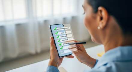 Woman Checking Business Performance Tasks On Phone