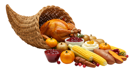 Cornucopia roasted turkey corn cranberries yams potatoes mashed potatoes  pumpkins against black background