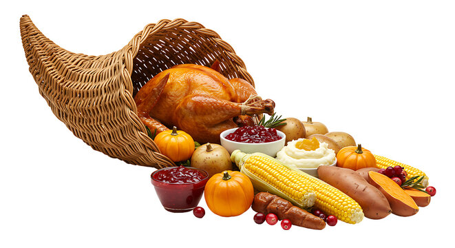 Cornucopia roasted turkey corn cranberries yams potatoes mashed potatoes  pumpkins against black background