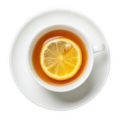 A refreshing cup of hot tea with a bright lemon slice isolated on transparent background