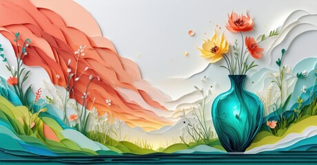Papercraft landscape features vibrant flowers, vase. Mountains, sky, water create serene, layered composition. Delicate details, warm colors dominate scene.