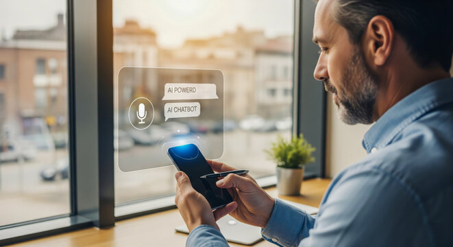 Man Using AI Chatbot On Smartphone Indoors - Powered by Adobe