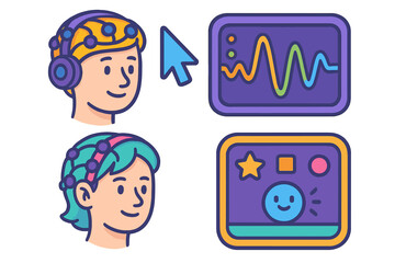 Individuals engaging with brainwave technology in a modern learning environment