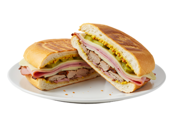 Cuban sandwich cut in half displaying layers of ham cheese pork pickles  mustard on a white plate against a black background