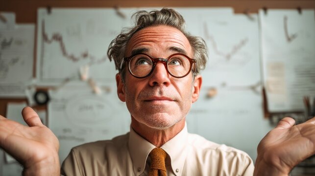 A mature man with glasses looks upward, gesturing with open hands, in a questioning pose. Background shows charts.