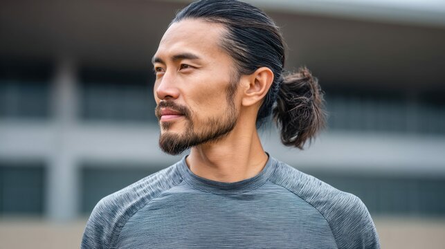 A thoughtful Asian man with a ponytail, looking to the side, in front of a building.