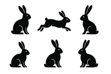 Six distinct silhouettes of rabbits in various poses showcasing their movement and form