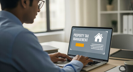 Man Managing Property Tax Information On Laptop Screen