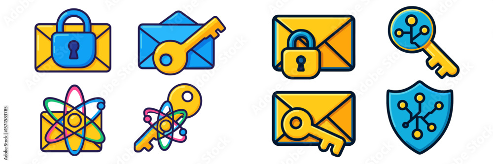 Poster colorful icons representing digital security and encryption found in various tech-related applicatio