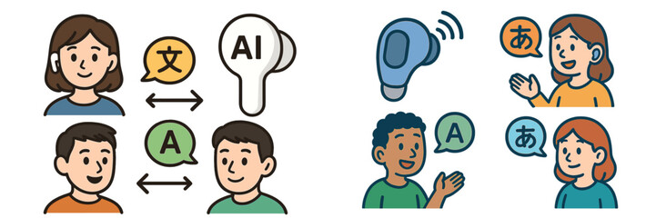 People engaging in conversation using AI translation technology in a modern setting at a language learning event