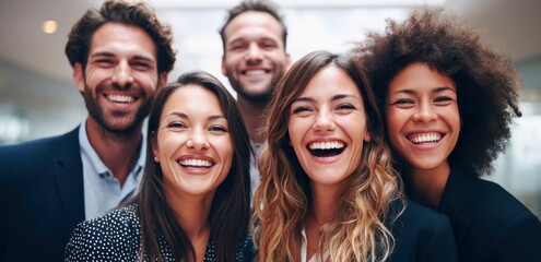 Fototapeta premium A diverse group of smiling people share a moment of joy, showcasing teamwork and togetherness in a business or office setting.