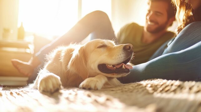 A happy golden retriever dog relaxes with its owners, enjoying a sunny day indoors. The couple laughs in the background.