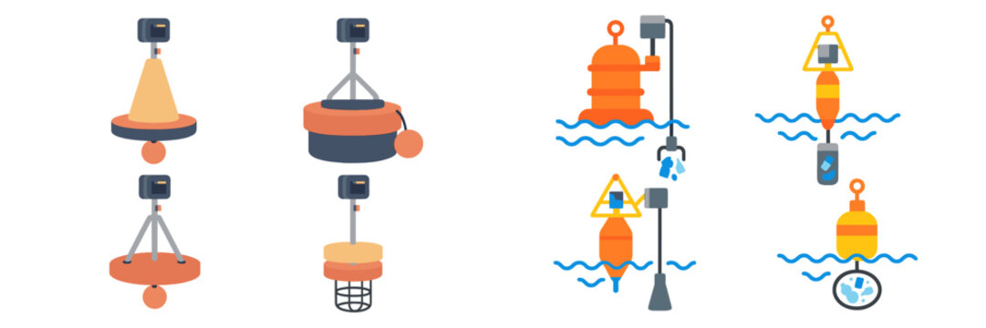Various types of water monitoring buoys and platforms used in marine environments and their functions in real-time data collection
