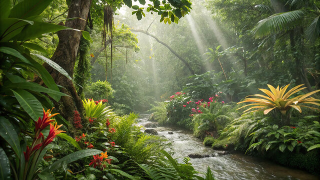 Lush rainforest stream with sunbeams filtering through dense green canopy jungle river