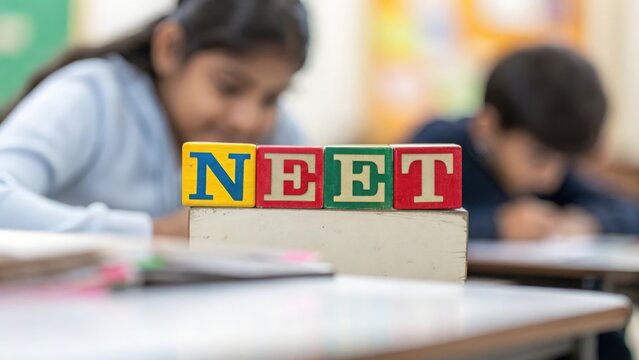 Defocused educational setting highlighting NEET text on colorful wooden blocks

