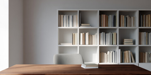 Minimalist home office with wooden desk and bookshelf