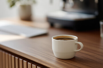 Obraz premium White coffee cup sits on wooden desk with espresso machine nearby