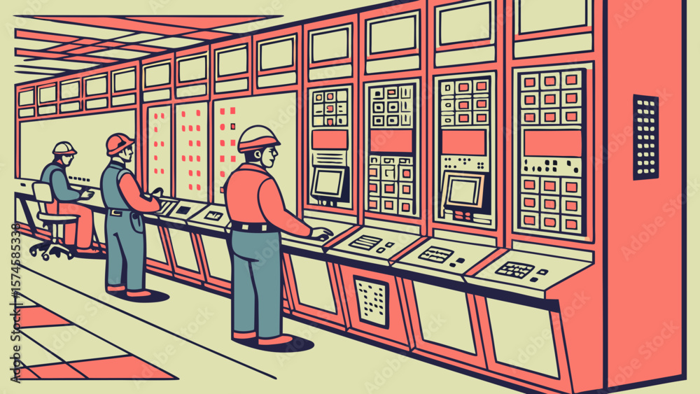 Poster three engineers working in a control room with large computer consoles isolated on white background