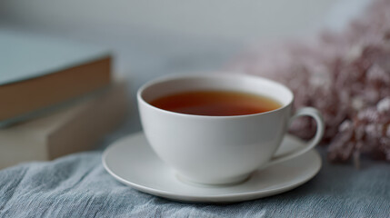 Cozy tea setup with books and soft fabric for relaxing weekend