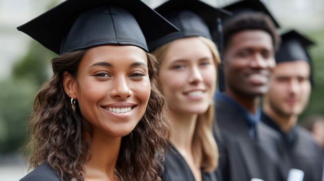 A diverse group of graduates in their caps and gowns, beaming with joy, celebrating their academic achievements.