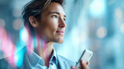A businessman gazes thoughtfully, holding a smartphone, with an overlay of abstract financial data in a modern setting.