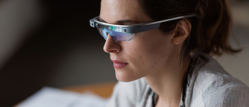 Smart glasses on focused woman at desk, showcasing modern technology