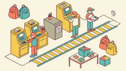 People working at automated kiosks and conveyor belt with backpacks and boxes isolated on white background