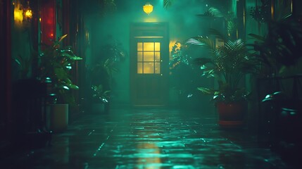 A dimly lit hallway bathed in teal and emerald hues.