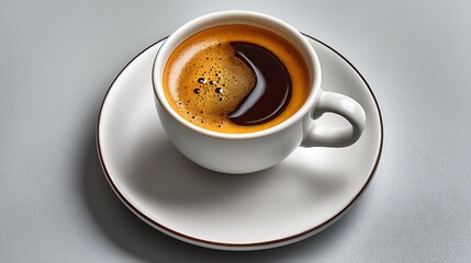 A close up of a white cup of espresso coffee with rich crema on a saucer