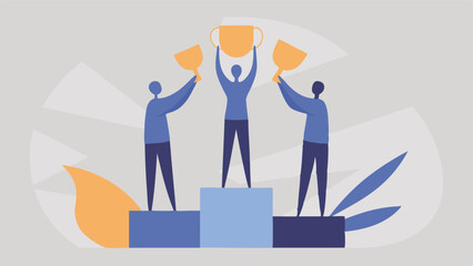Three people standing on a podium holding trophies in a vector illustration style design concept