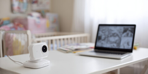 Baby monitor and laptop on desk in nursery