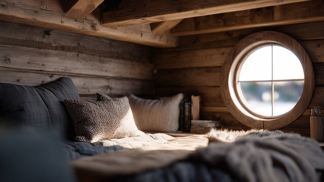 a cozy rustic cabin interior with a small round porthole window framed by wooden beams, soft morning light filtering through, warm textures of wood and fabric.