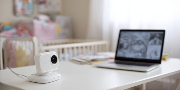 Baby monitor and laptop on desk in nursery