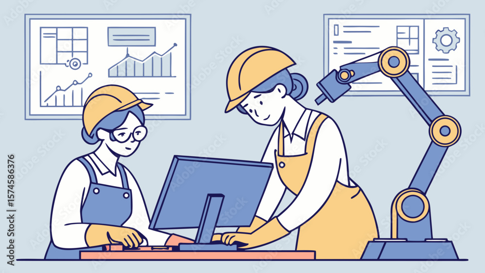 Poster two engineers working on a computer with a robotic arm in a modern factory isolated on white backgro