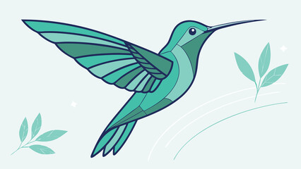 Obraz premium Illustration of a teal hummingbird in flight with leaves and a light blue background design element