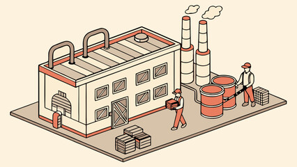 Isometric factory building with workers and barrels isolated on white background