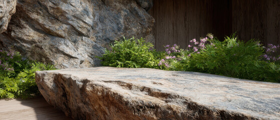 Fototapeta premium Stone table surrounded by lush greenery and flowers creates serene natural setting