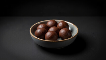 Obraz premium Chocolate balls arranged in a bowl on a dark background 