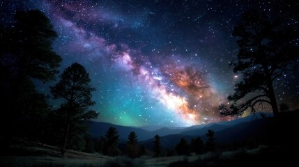 Naklejka premium A colorful Milky Way stretches across the night sky above a forested mountain landscape with glowing stars and trees