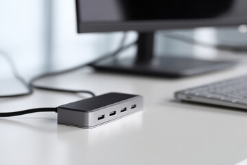 Sleek USB hub on organized tech desk with laptop and monitor