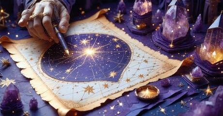 Mystical scene depicts hand tracing constellations on aged parchment. Candles, crystals illuminate celestial map. Magic, wonder present.