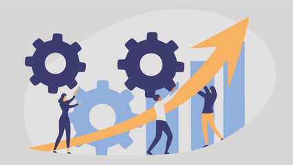 People working together to lift an upward arrow with gears and bar charts in the background