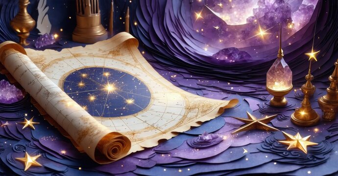 Mystical scene. Old map displays constellations. Crystals, candles illuminate dark background. Stars sparkle, creating magical atmosphere. - Powered by Adobe