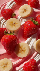 Morceaux de bananes et fraises sur un bac de glace italienne fraise vanille - Gros plan - Dessert glac&eacute; aux fruits
