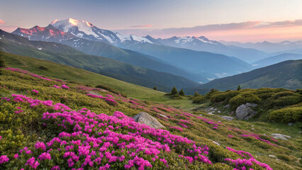 Majestic snow capped mountain range at sunrise with vibrant pink wildflowers in foreground