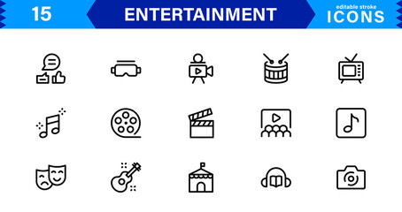 Entertainment Vector Icons for Media, Music, Games, and Events in Line Art Style