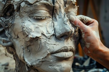 Sculpture of a woman made of clay. Close-up of the sculptor at work, the process of modeling a clay portrait of a person. The sculpture has detailed facial features and a textured surface.