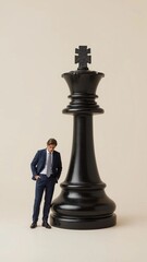Miniature businessman stands beside an oversized black chess king piece, symbolizing power imbalance or strategic planning.